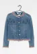 Blue solid washed collarless denim jacket with lace detail, has 4 pockets, button closure, long sleeves, straight hem